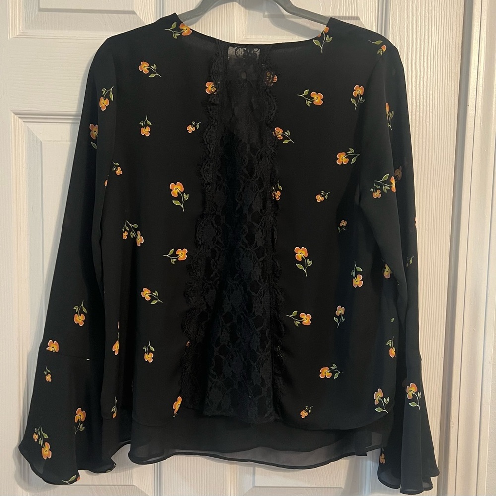 Lauren Conrad Black Blouse Flowy Floral Long Sleeve Medium - Picture 3 of 4